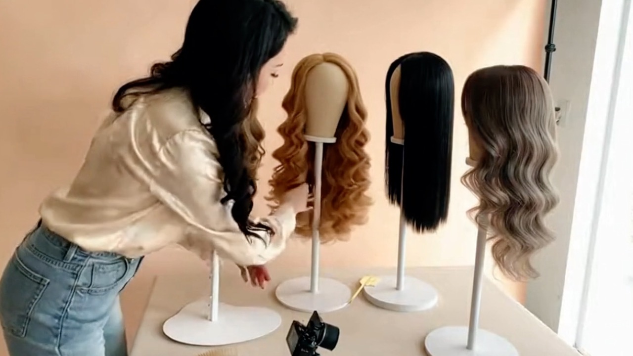 Woman with long hair prepping wigs for photoshoot